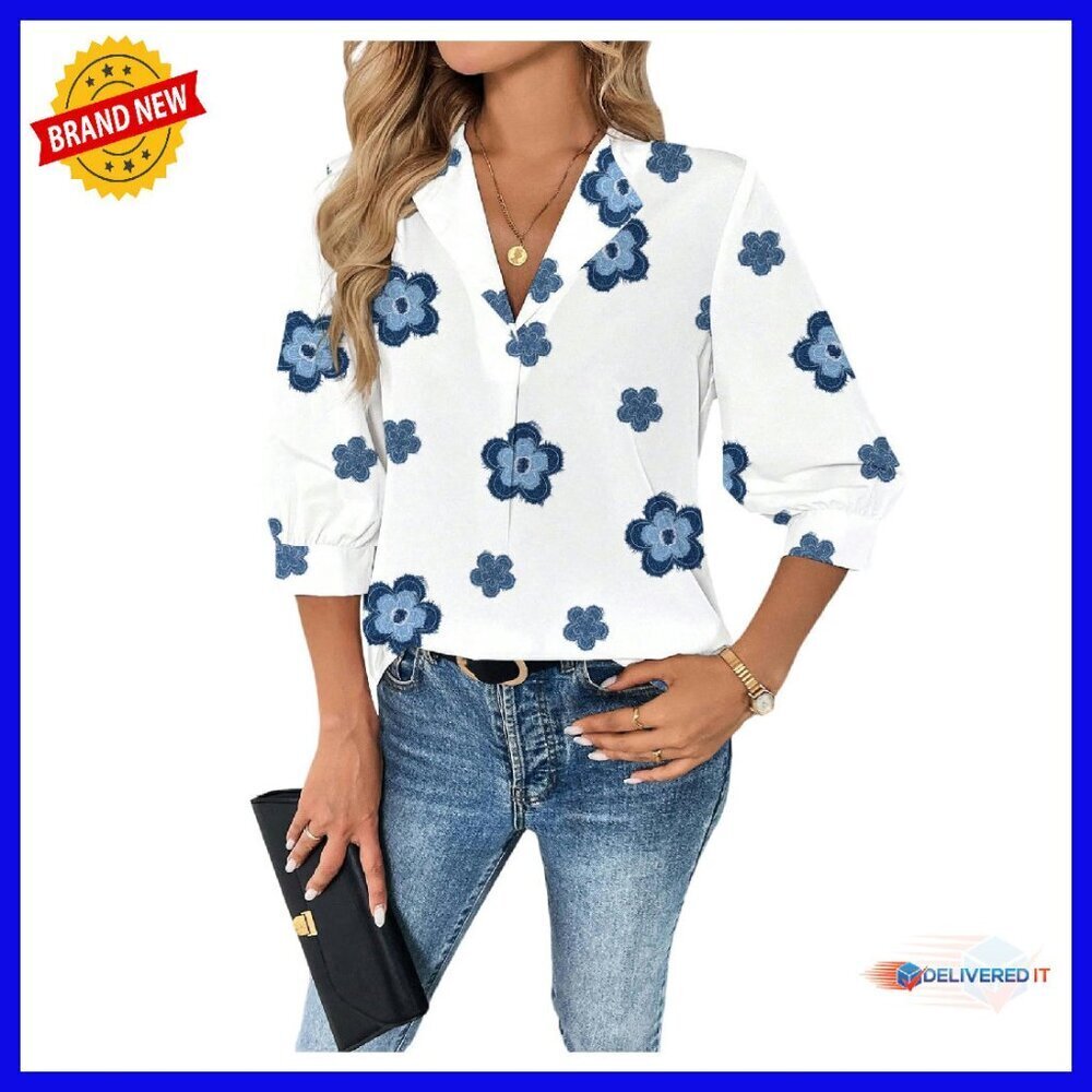 Floral Blouse V Neck 3/4 Sleeve Casual Vacation Top Women's